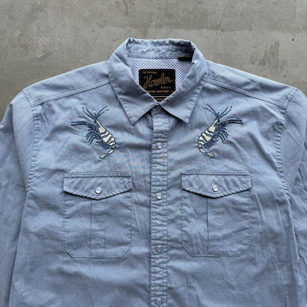 Howler Bros Mens L Gaucho Snap Shirt Pearl Western Dancing Prawn Shrimp 10 Year